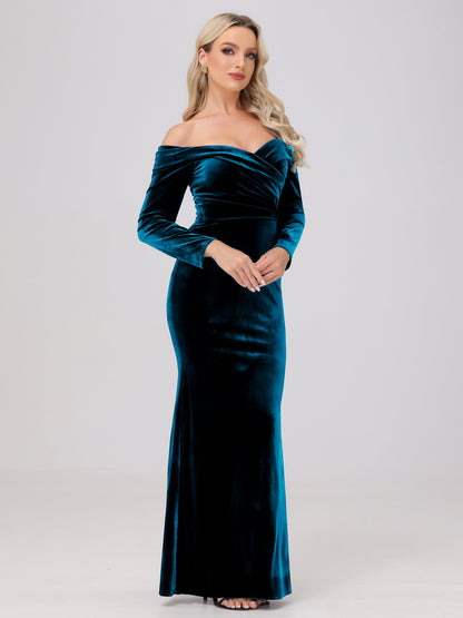 Off the Shoulder Sheath Long Sleeves Velvet Bridesmaid Dresses