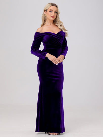 Off the Shoulder Sheath Long Sleeves Velvet Bridesmaid Dresses