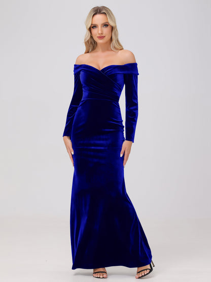 Off the Shoulder Sheath Long Sleeves Velvet Bridesmaid Dresses