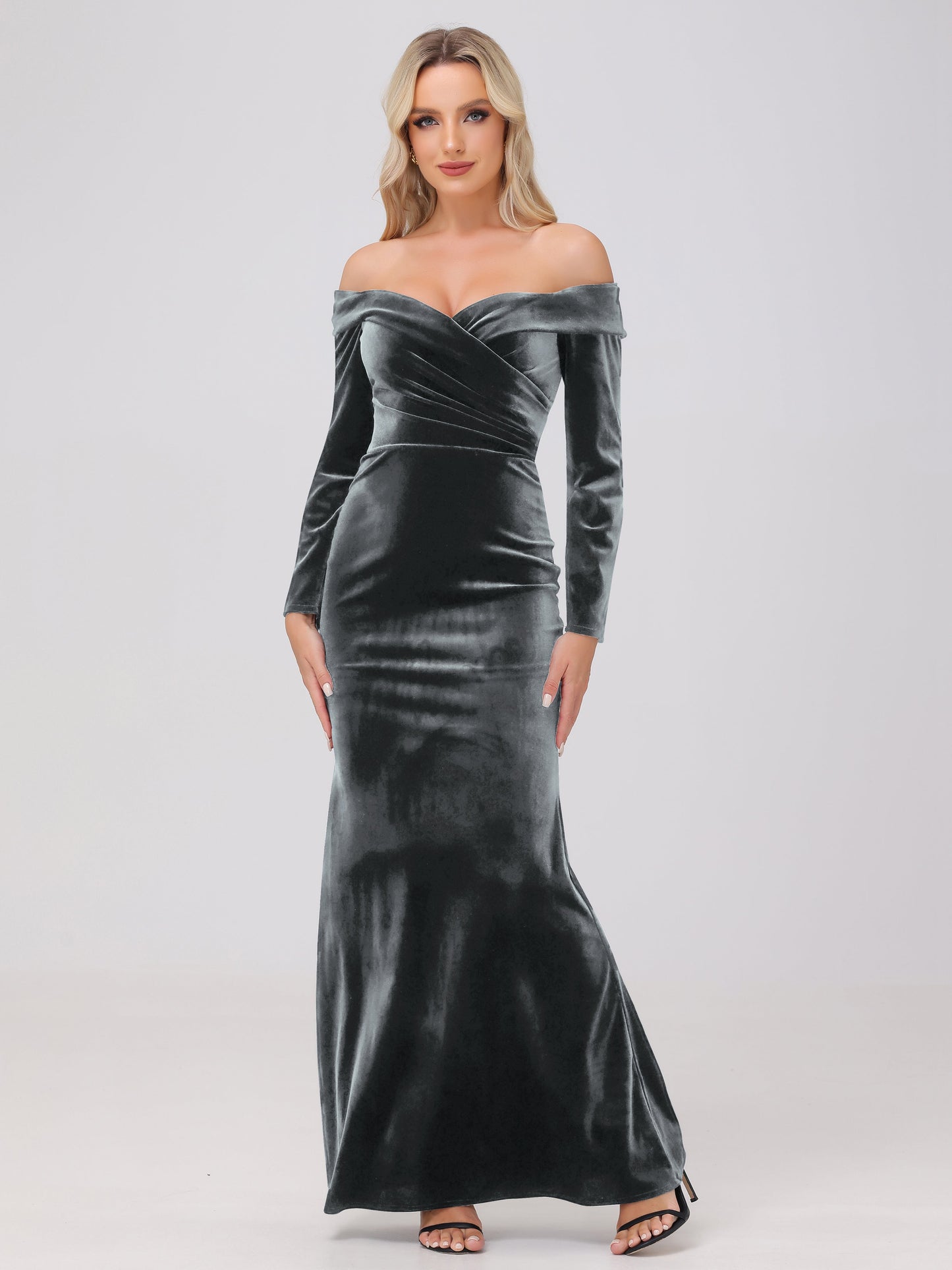Off the Shoulder Sheath Long Sleeves Velvet Bridesmaid Dresses