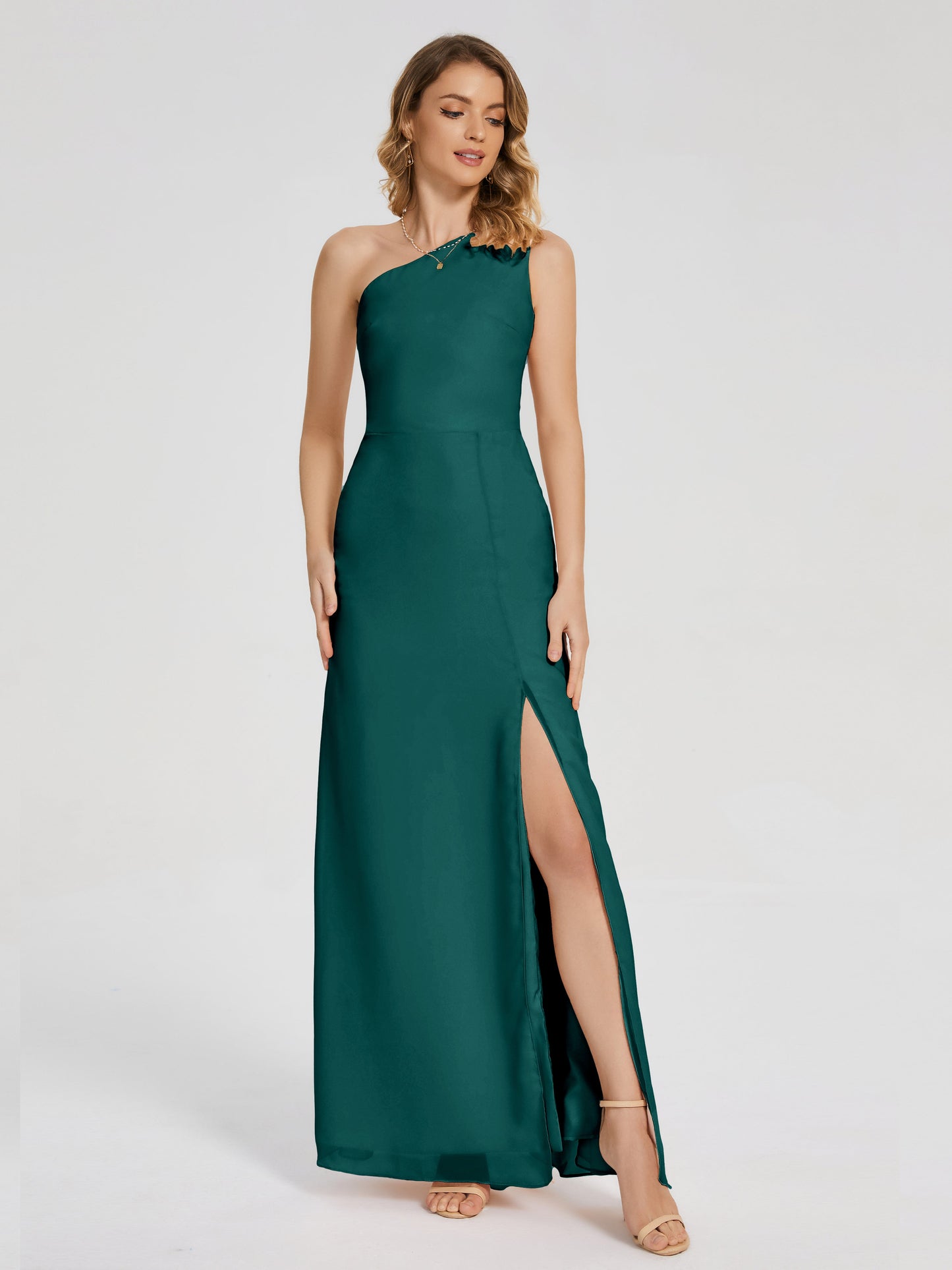 River One Shoulder Column Slit Bridesmaid Dress