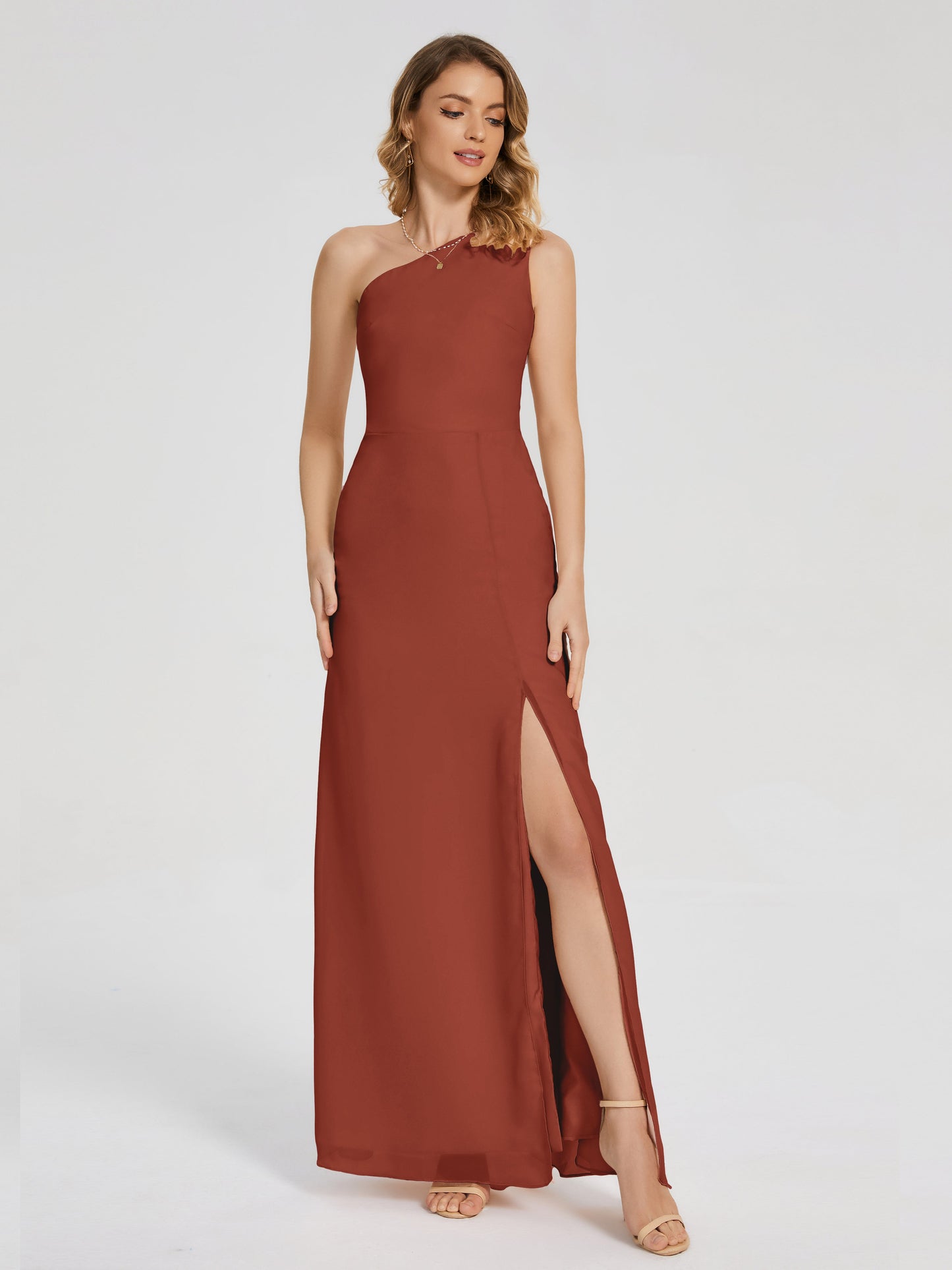 River One Shoulder Column Slit Bridesmaid Dress