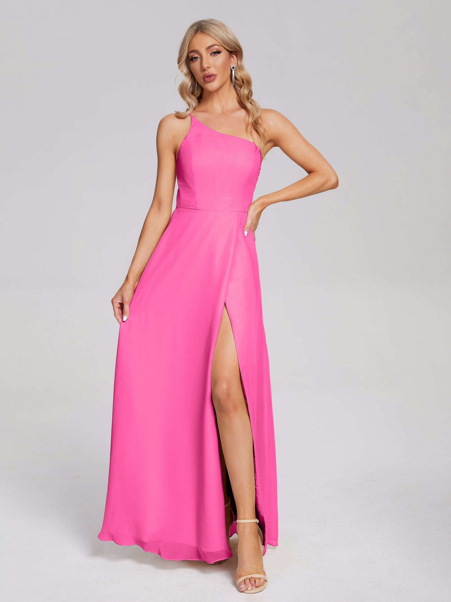 One Shoulder Side Slit Chiffon Bridesmaid Dress