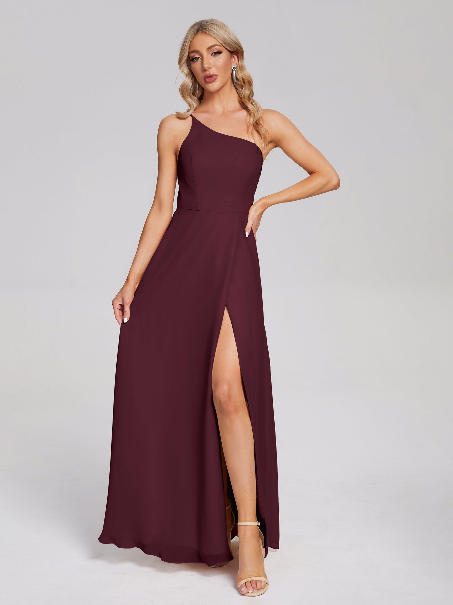 One Shoulder Side Slit Chiffon Bridesmaid Dress