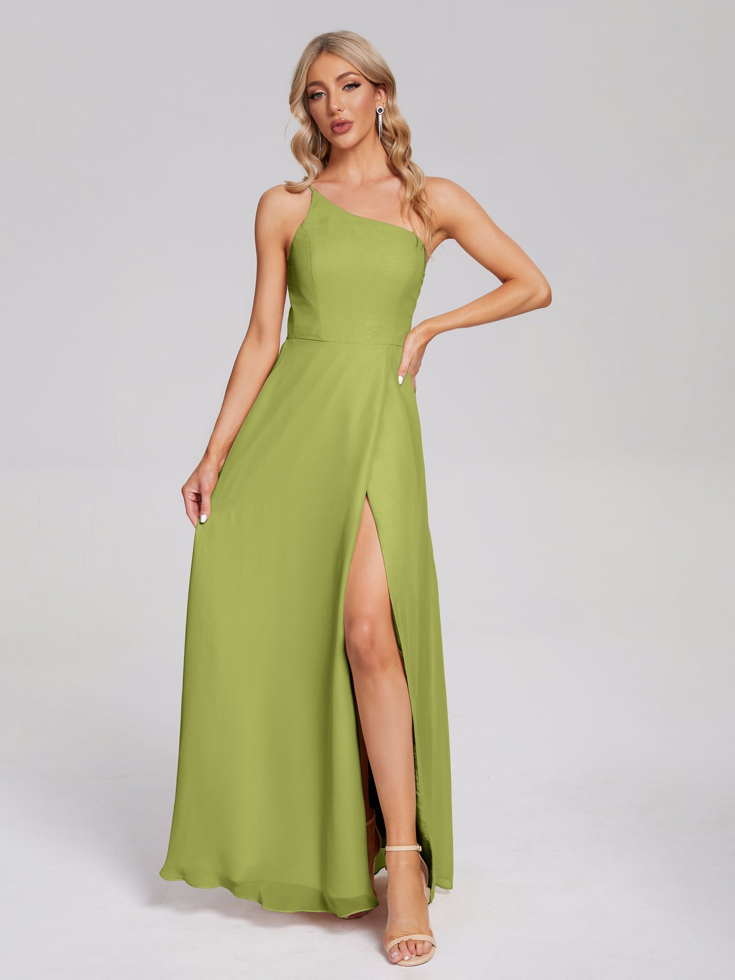 One Shoulder Side Slit Chiffon Bridesmaid Dress