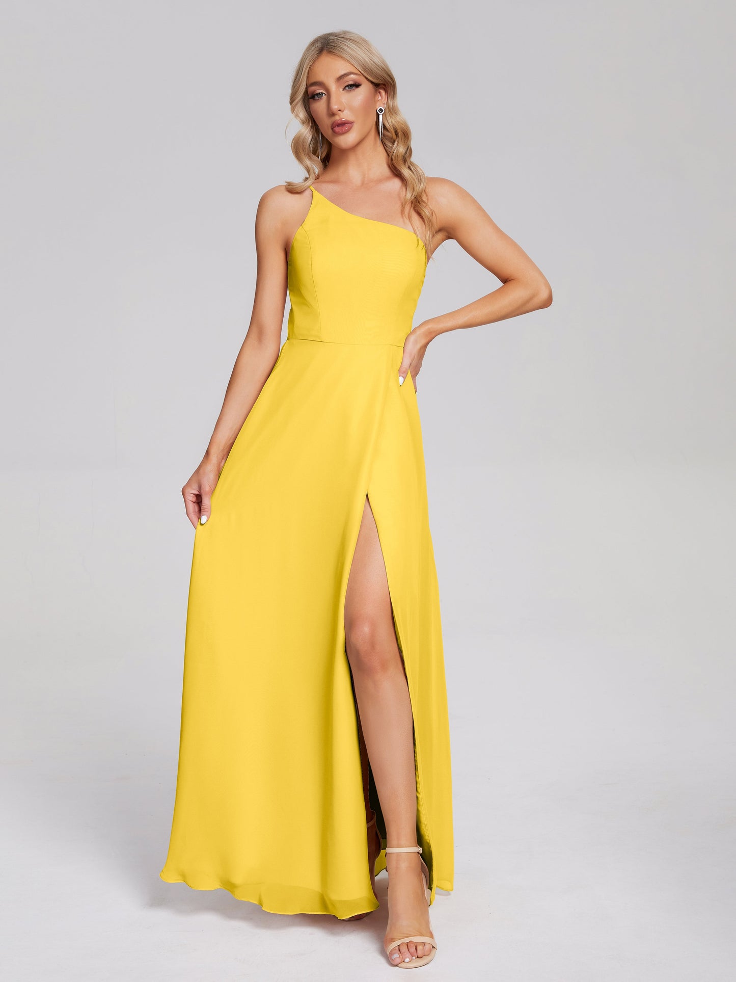 One Shoulder Side Slit Chiffon Bridesmaid Dress