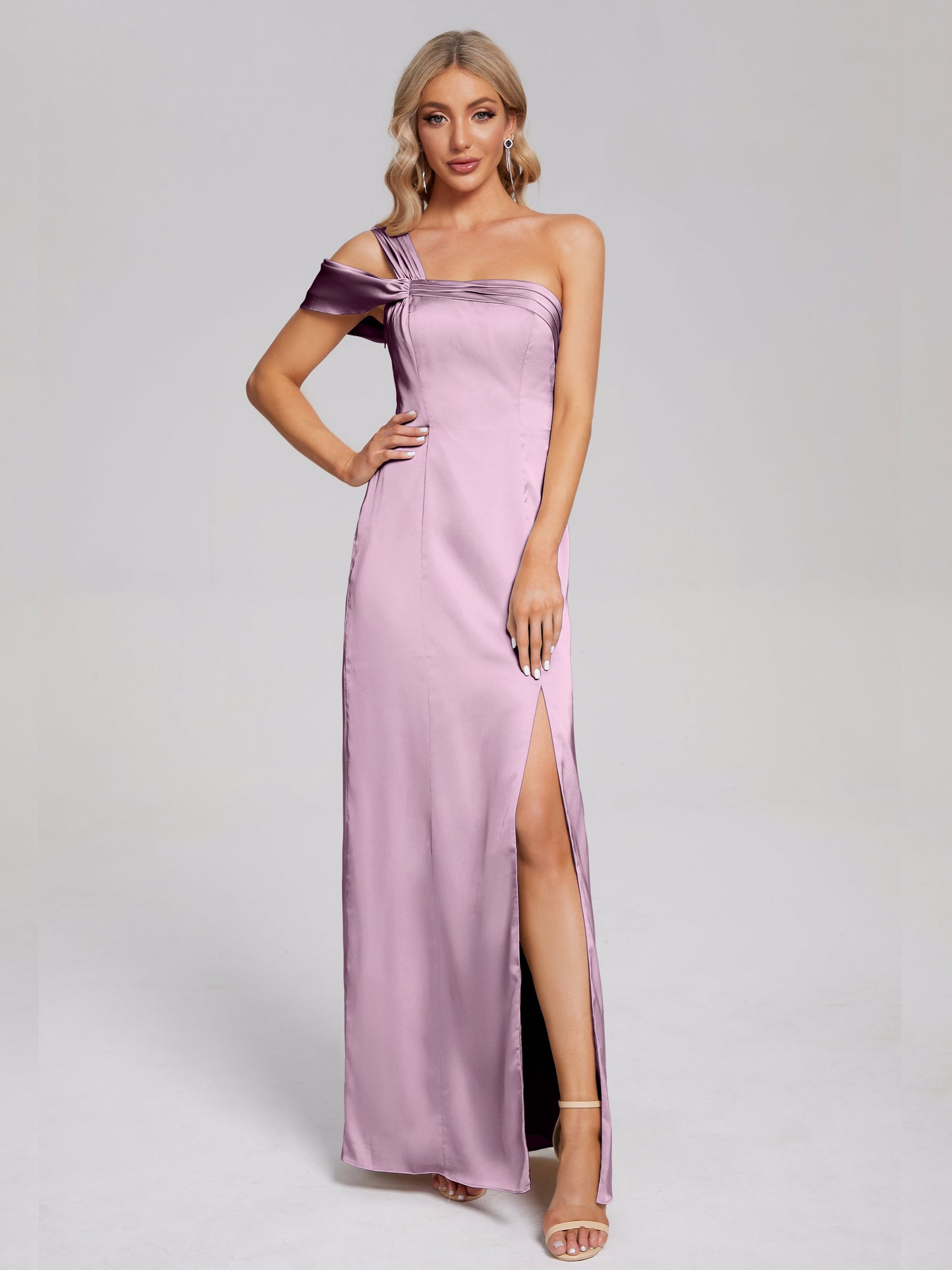 Raelyn One Shoulder Side Slit Soft Satin Bridesmaid Dress