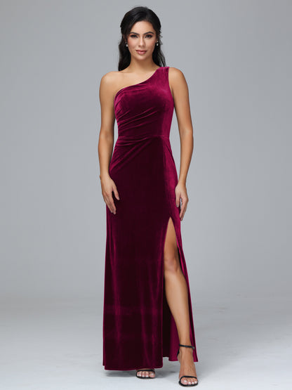 One Shoulder With Slit Velvet Bridesmaid Dress