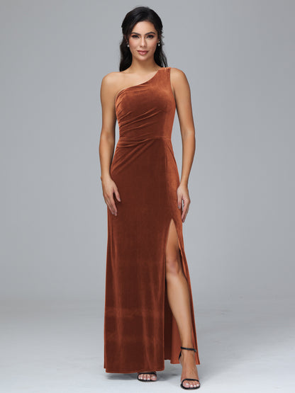 One Shoulder With Slit Plus Size Velvet Bridesmaid Dress