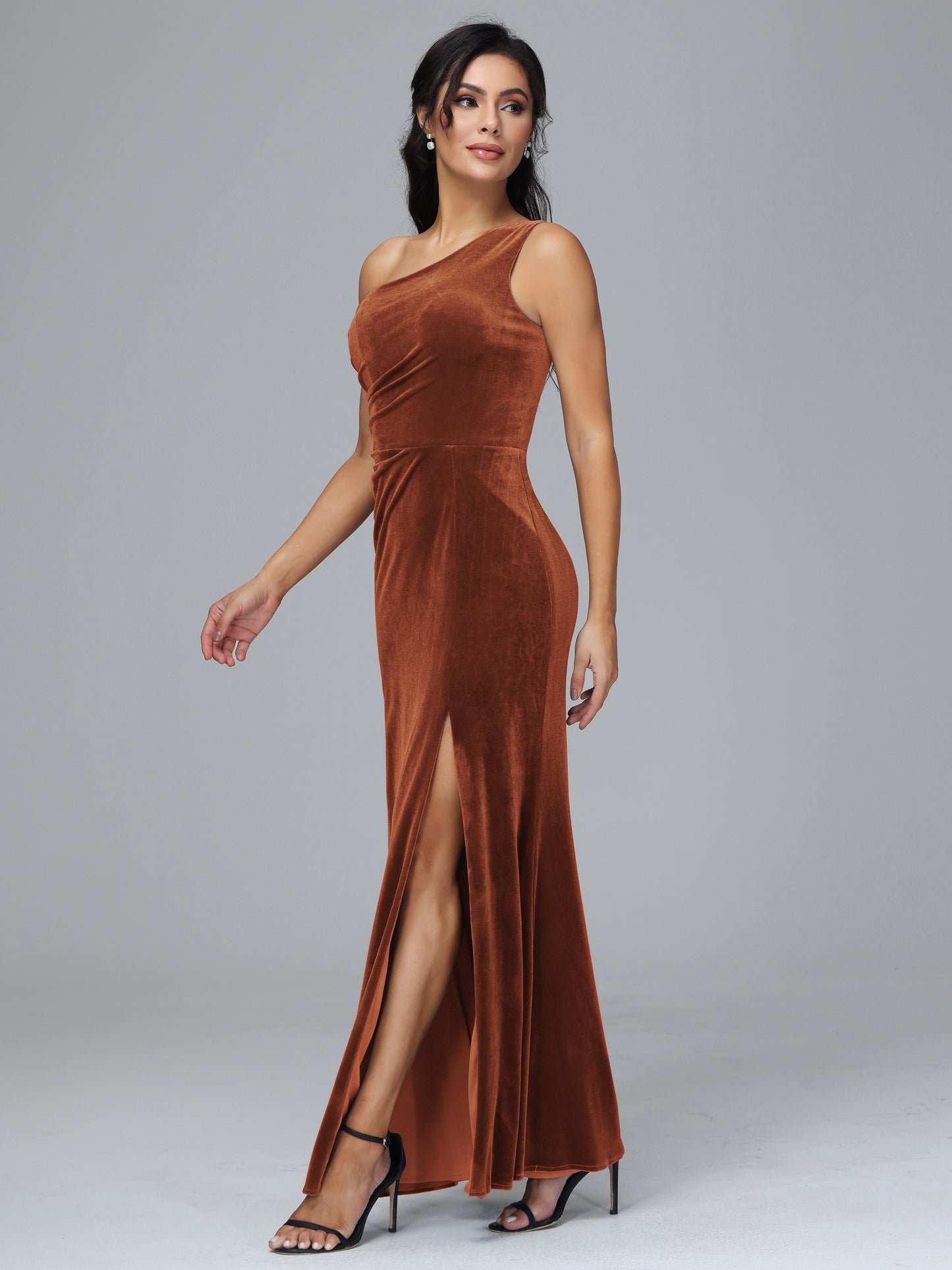 One Shoulder With Slit Velvet Bridesmaid Dress