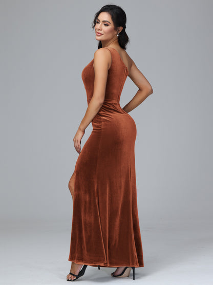 One Shoulder With Slit Velvet Bridesmaid Dress