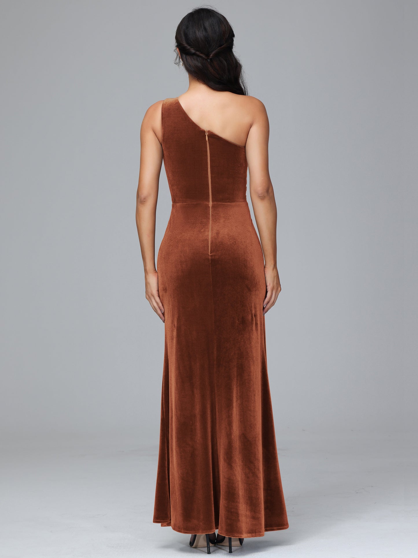 One Shoulder With Slit Plus Size Velvet Bridesmaid Dress