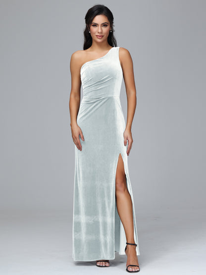 One Shoulder With Slit Plus Size Velvet Bridesmaid Dress