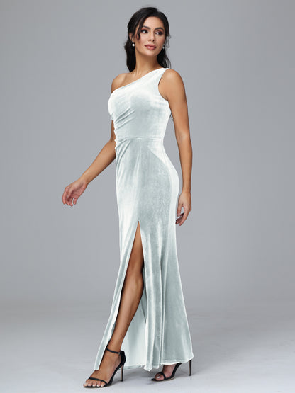 One Shoulder With Slit Velvet Bridesmaid Dress