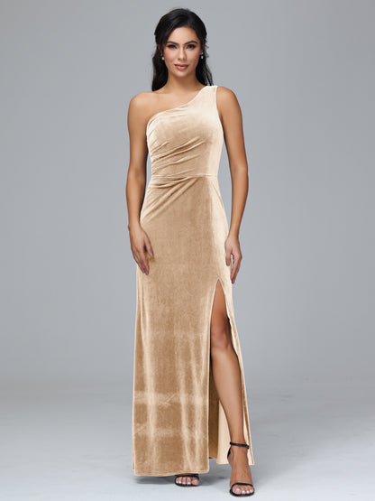 One Shoulder With Slit Plus Size Velvet Bridesmaid Dress