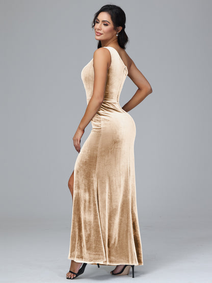 One Shoulder With Slit Velvet Bridesmaid Dress