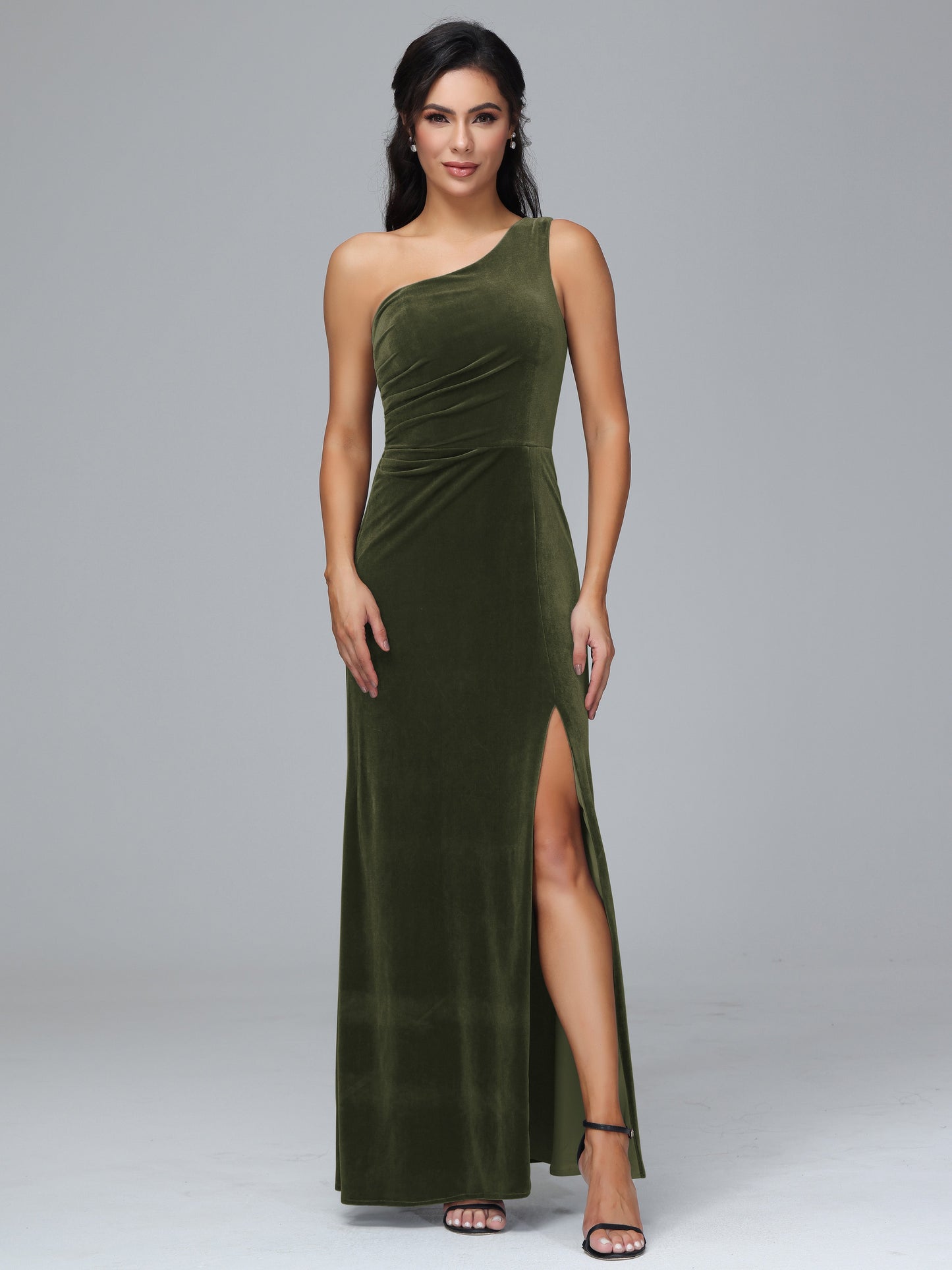 One Shoulder With Slit Plus Size Velvet Bridesmaid Dress