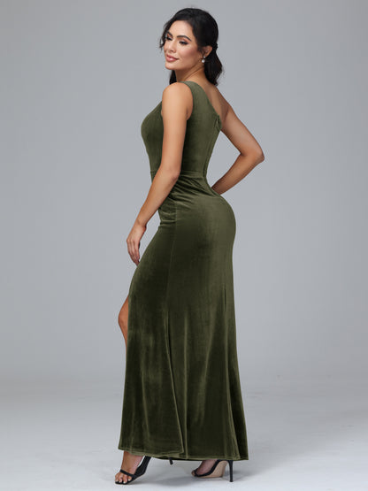 One Shoulder With Slit Velvet Bridesmaid Dress