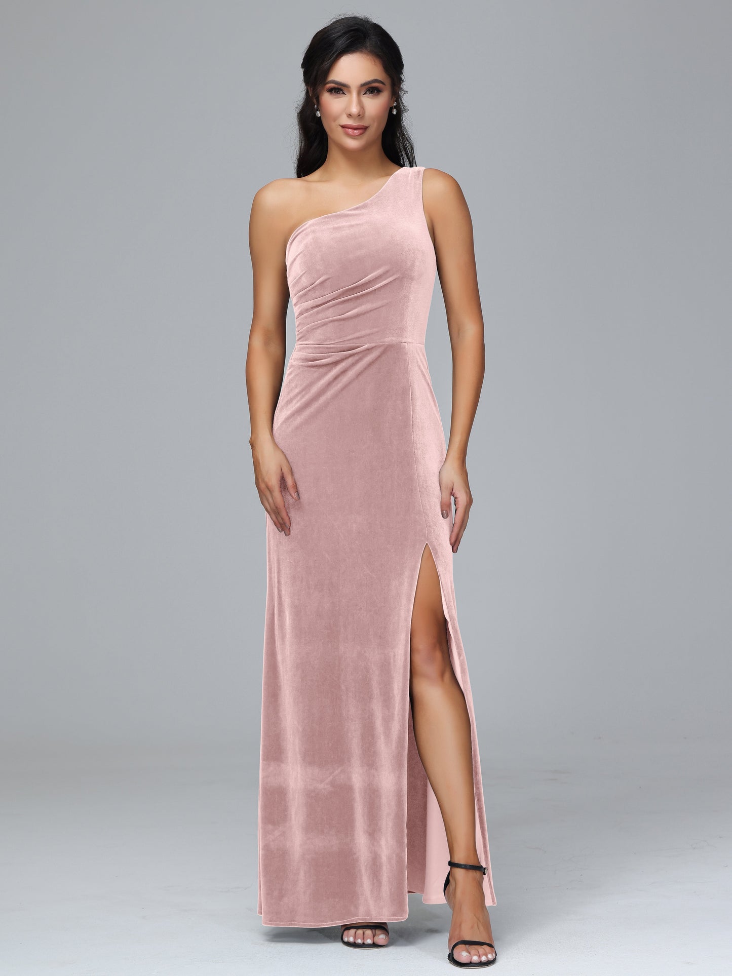 One Shoulder With Slit Plus Size Velvet Bridesmaid Dress