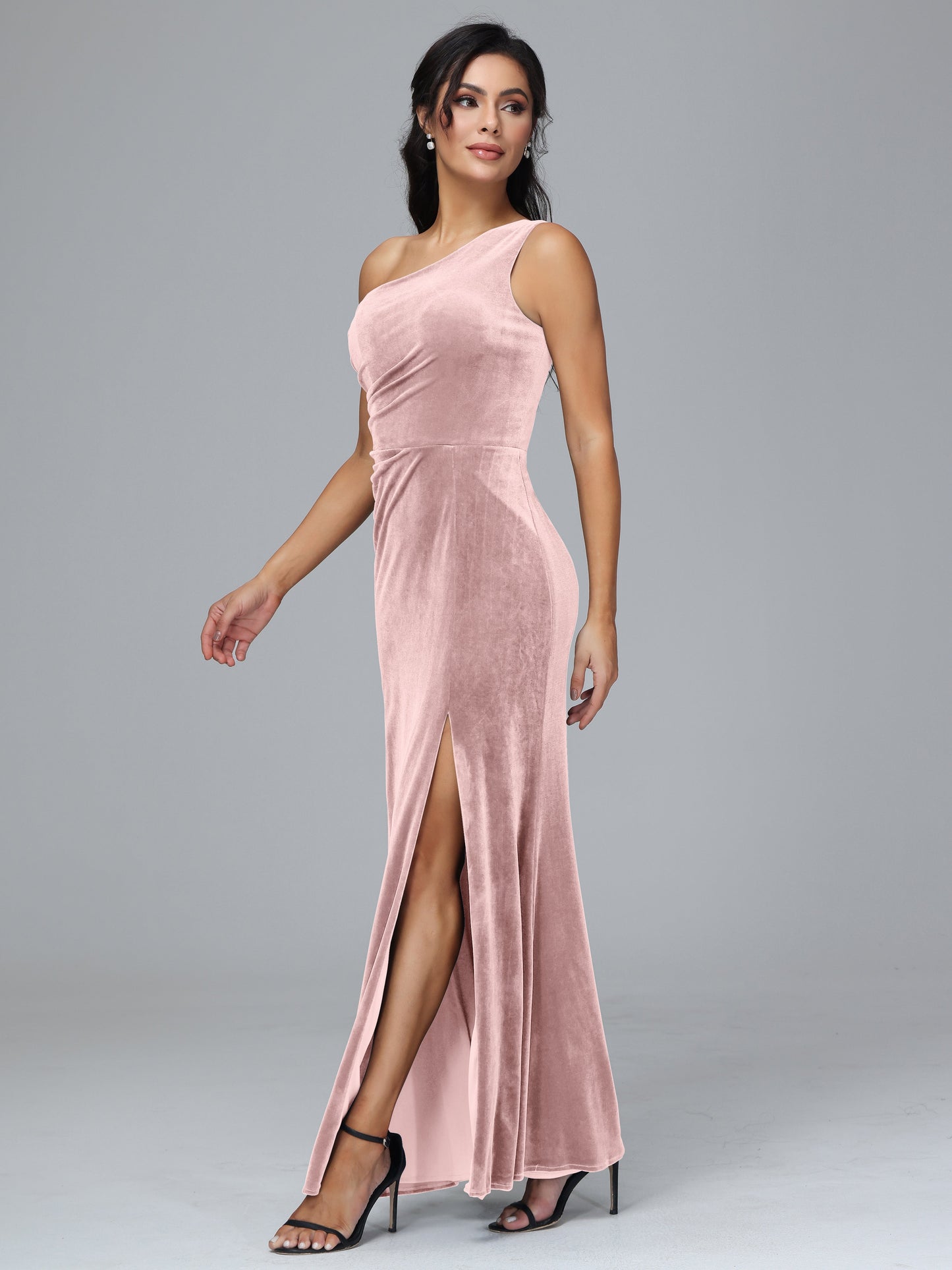 One Shoulder With Slit Velvet Bridesmaid Dress