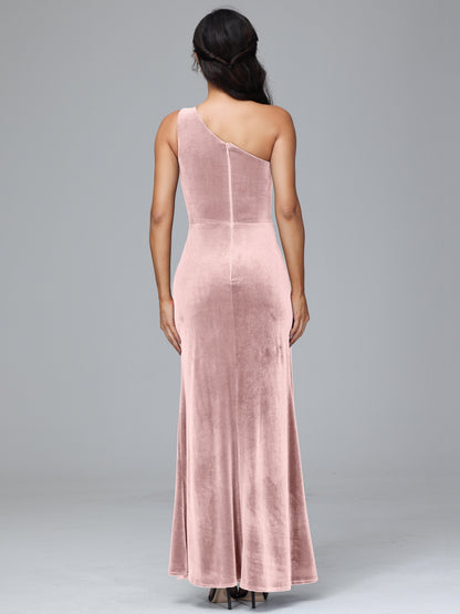 One Shoulder With Slit Velvet Bridesmaid Dress