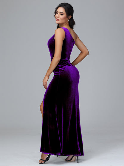 One Shoulder With Slit Velvet Bridesmaid Dress