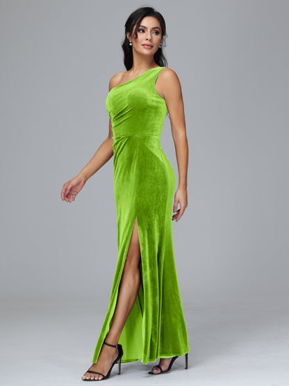 One Shoulder With Slit Velvet Bridesmaid Dress