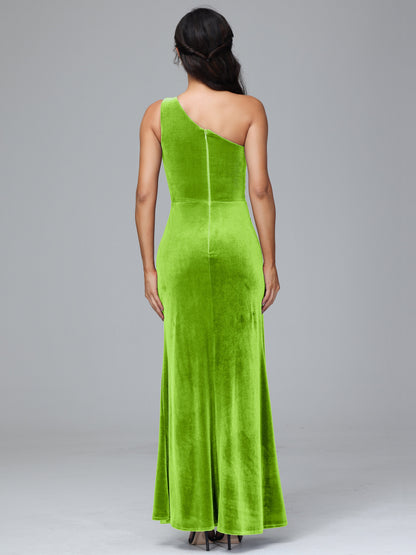 One Shoulder With Slit Plus Size Velvet Bridesmaid Dress