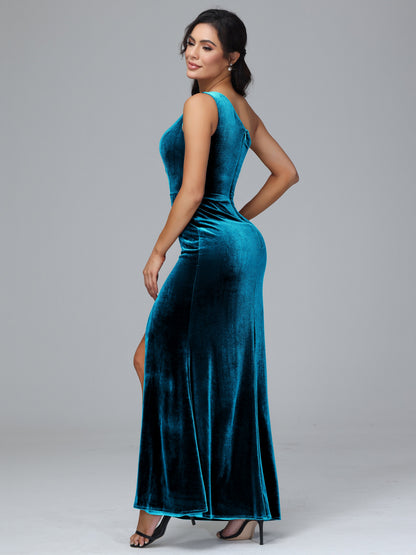 One Shoulder With Slit Velvet Bridesmaid Dress
