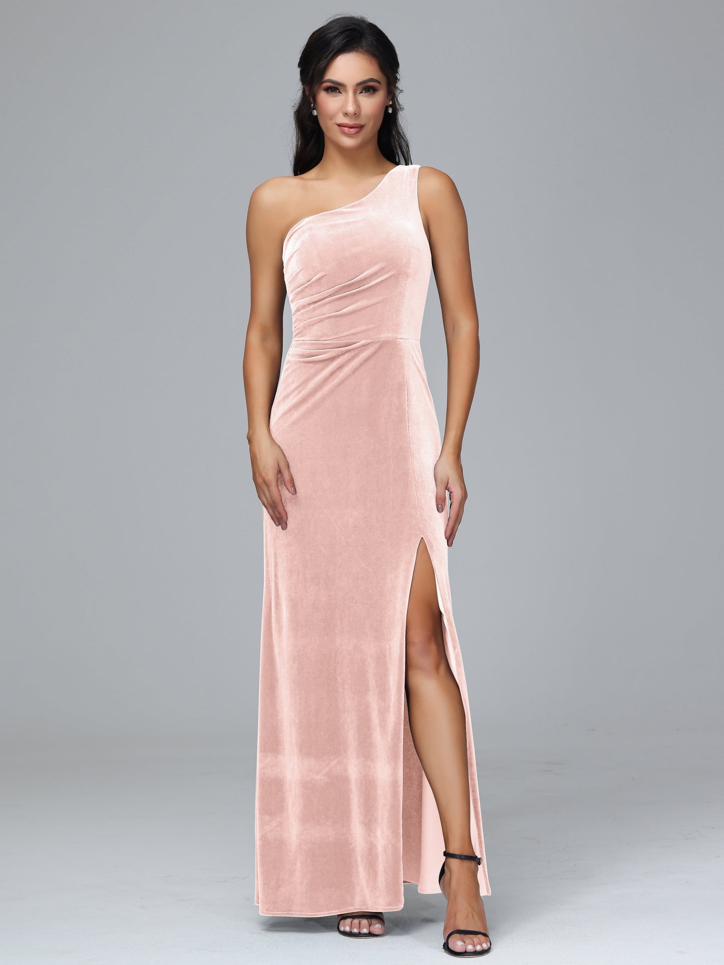 One Shoulder With Slit Plus Size Velvet Bridesmaid Dress