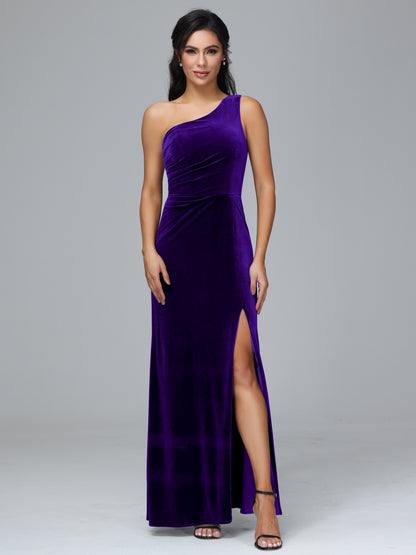 One Shoulder With Slit Plus Size Velvet Bridesmaid Dress