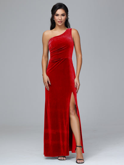 One Shoulder With Slit Velvet Bridesmaid Dress