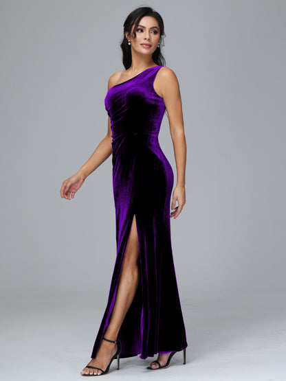 One Shoulder With Slit Velvet Bridesmaid Dress