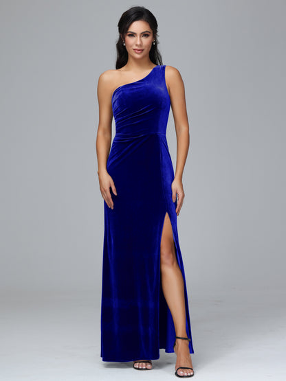 One Shoulder With Slit Velvet Bridesmaid Dress