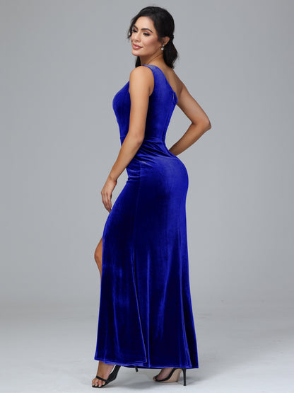 One Shoulder With Slit Plus Size Velvet Bridesmaid Dress