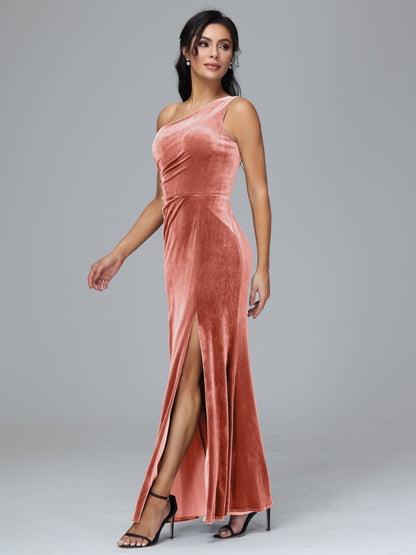 One Shoulder With Slit Velvet Bridesmaid Dress