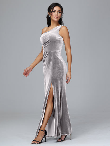 One Shoulder With Slit Velvet Bridesmaid Dress