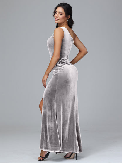 One Shoulder With Slit Velvet Bridesmaid Dress