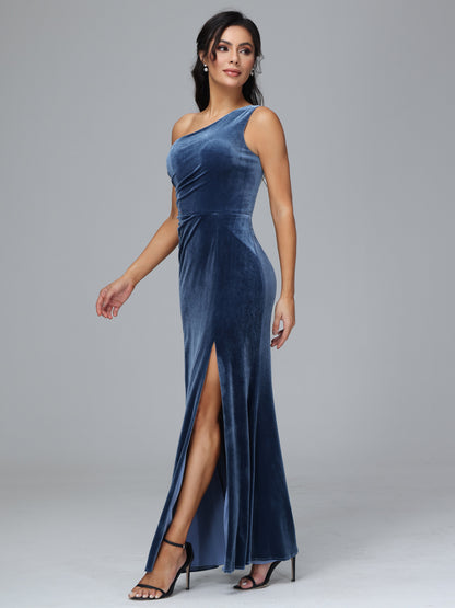 One Shoulder With Slit Velvet Bridesmaid Dress