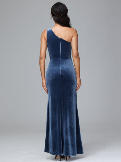One Shoulder With Slit Velvet Bridesmaid Dress