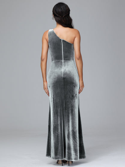 One Shoulder With Slit Velvet Bridesmaid Dress