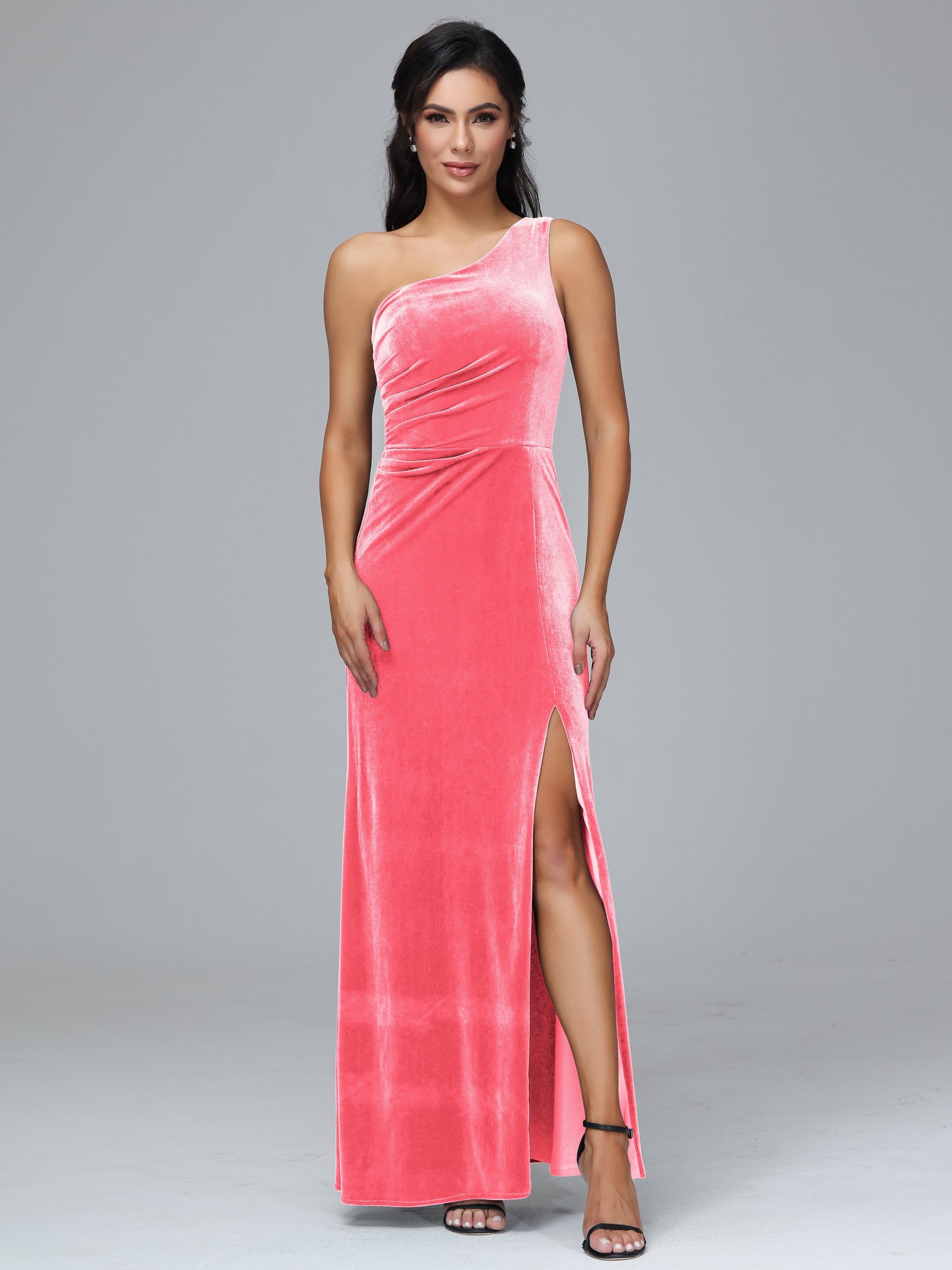 One Shoulder With Slit Plus Size Velvet Bridesmaid Dress