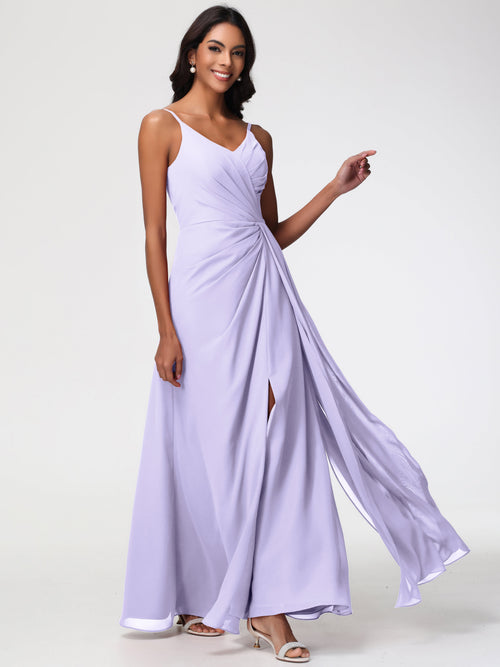 Wedding Lilac Bridesmaid Dresses A-Line V-Neck Spaghetti Straps Ruched Chiffon Bridesmaid Dresses With Slit