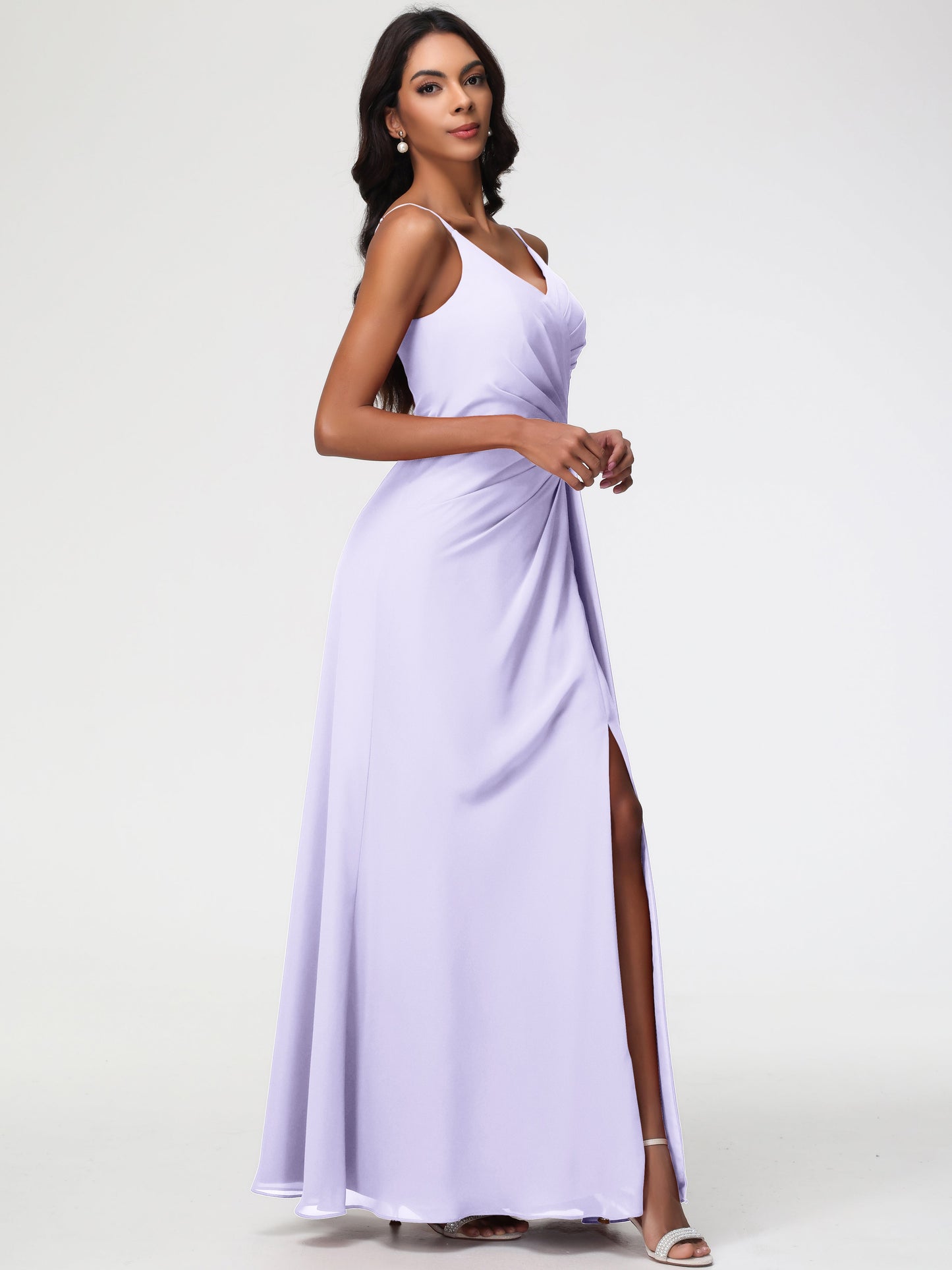 Wedding Lilac Bridesmaid Dresses A-Line V-Neck Spaghetti Straps Ruched Chiffon Bridesmaid Dresses With Slit