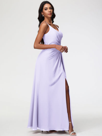 Wedding Lilac Bridesmaid Dresses A-Line V-Neck Spaghetti Straps Ruched Chiffon Bridesmaid Dresses With Slit