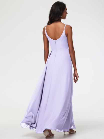 Wedding Lilac Bridesmaid Dresses A-Line V-Neck Spaghetti Straps Ruched Chiffon Bridesmaid Dresses With Slit