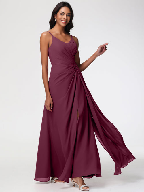 Wedding Mulberry Bridesmaid Dresses A-Line V-Neck Spaghetti Straps Ruched Chiffon Bridesmaid Dresses With Slit