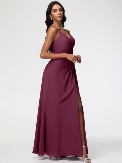 Wedding Mulberry Bridesmaid Dresses A-Line V-Neck Spaghetti Straps Ruched Chiffon Bridesmaid Dresses With Slit