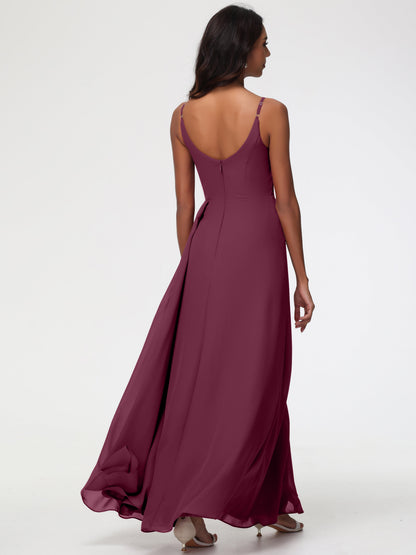 Wedding Mulberry Bridesmaid Dresses A-Line V-Neck Spaghetti Straps Ruched Chiffon Bridesmaid Dresses With Slit