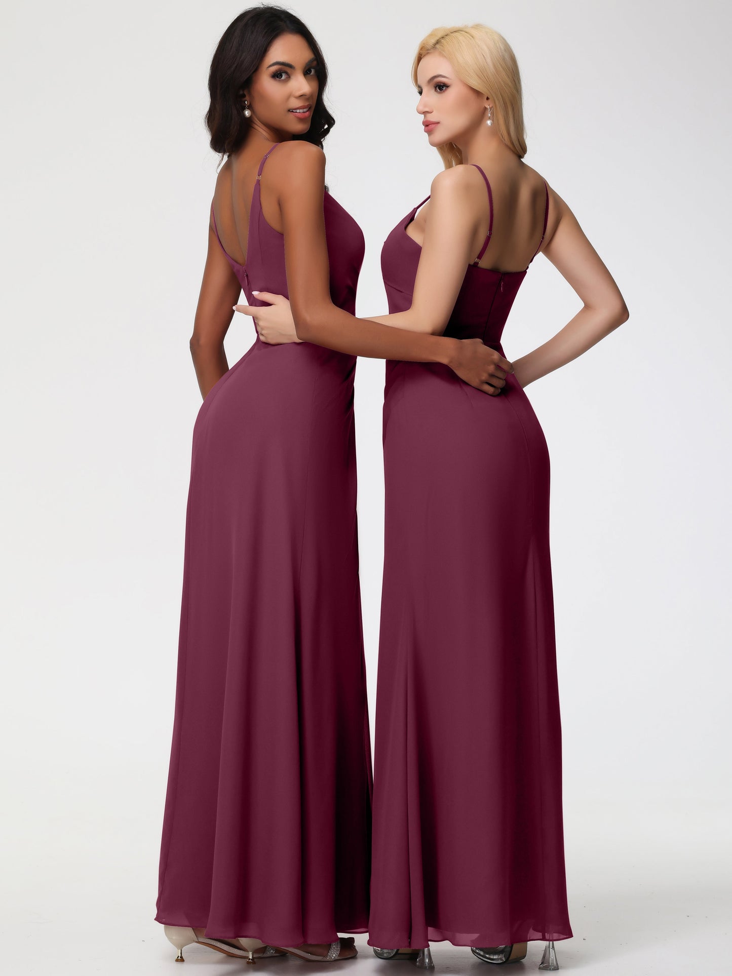 Wedding Mulberry Bridesmaid Dresses A-Line V-Neck Spaghetti Straps Ruched Chiffon Bridesmaid Dresses With Slit